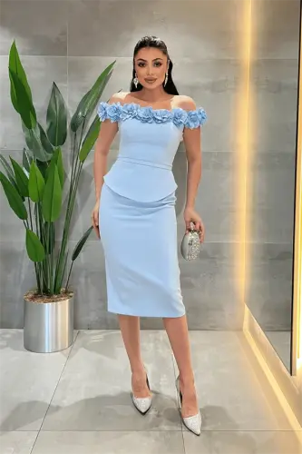 Double Fabric Flower Detailed Pencil Dress - BABY BLUE - BÜYÜKBEDENIZ (1)