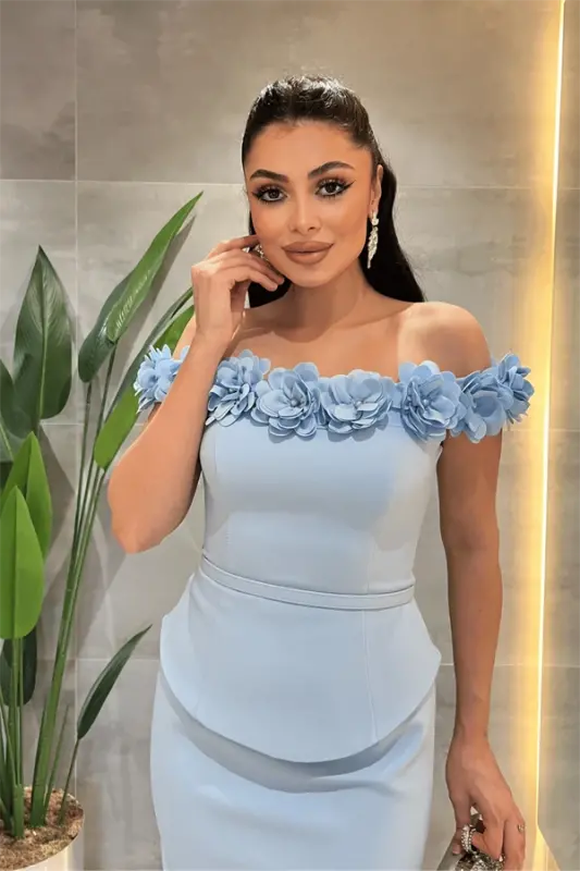 Double Fabric Flower Detailed Pencil Dress - BABY BLUE - 4