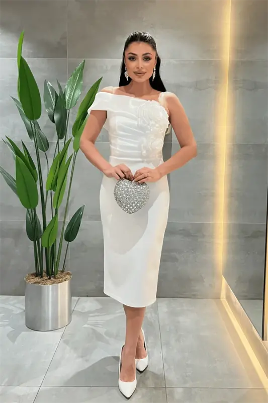 Double Fabric Organza Flower Detailed Pencil Dress - WHITE - 1