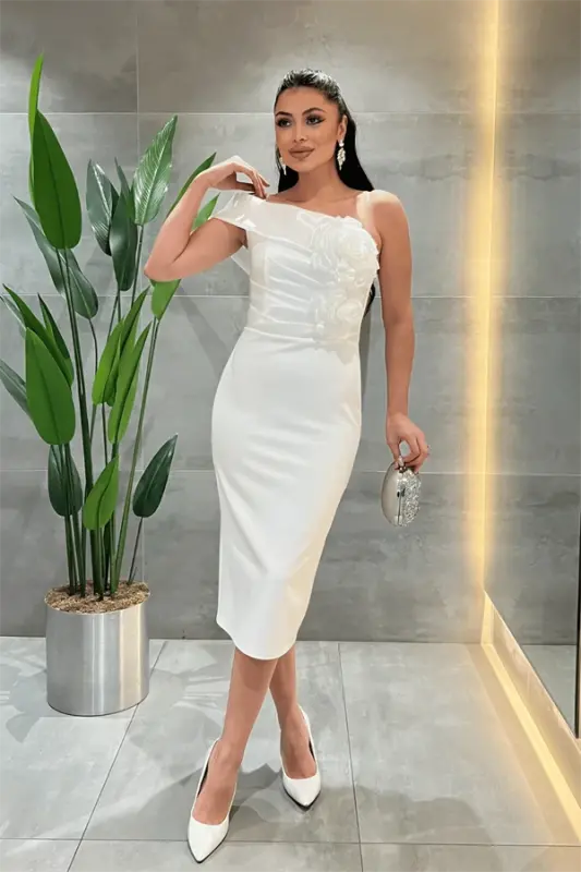 Double Fabric Organza Flower Detailed Pencil Dress - WHITE - 2