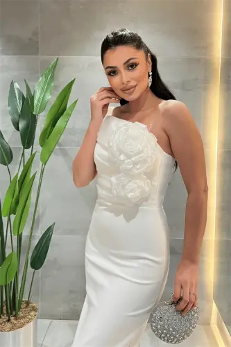 Double Fabric Organza Flower Detailed Pencil Dress - WHITE - 3