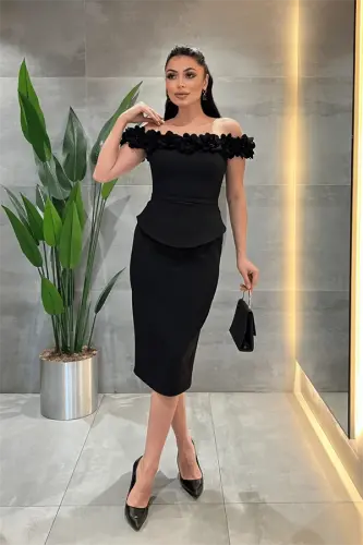Double Fabric Pencil Dress with Flower Detail - BLACK - BÜYÜKBEDENIZ (1)