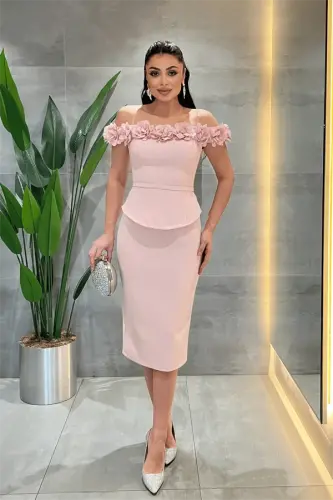 Double Fabric Pencil Dress with Flower Detail - POWDER - 1