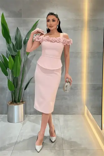 Double Fabric Pencil Dress with Flower Detail - POWDER - BÜYÜKBEDENIZ (1)