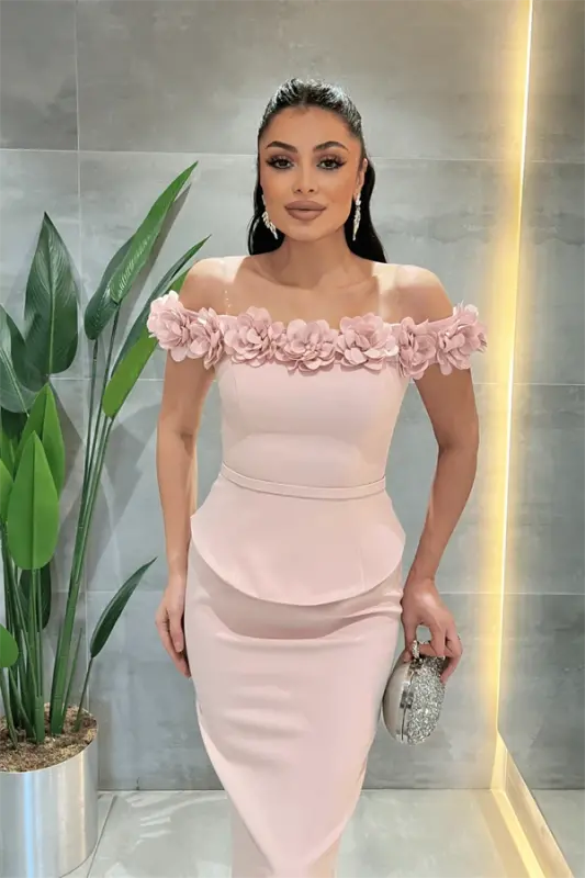 Double Fabric Pencil Dress with Flower Detail - POWDER - 3