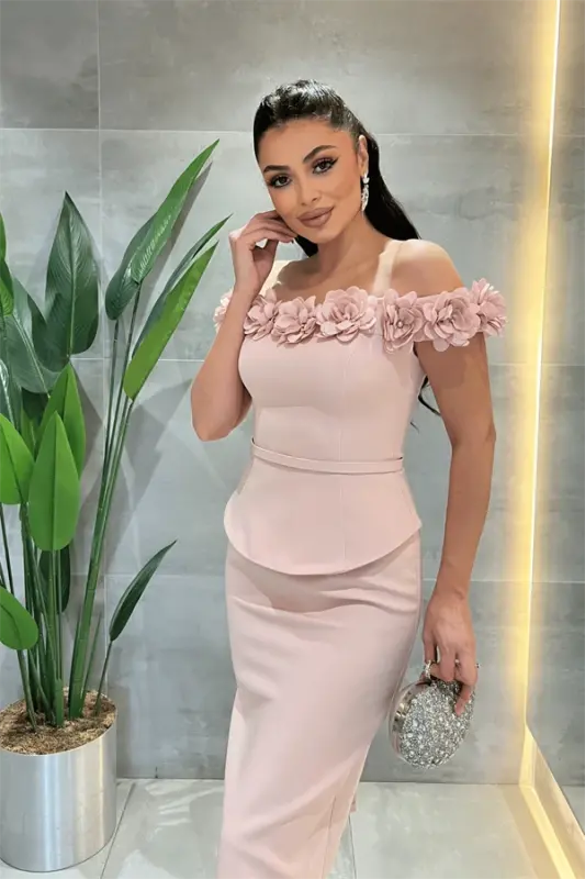 Double Fabric Pencil Dress with Flower Detail - POWDER - 4