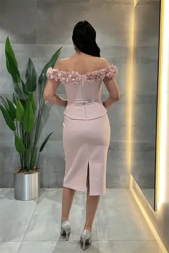 Double Fabric Pencil Dress with Flower Detail - POWDER - 5