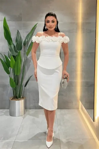 Double Fabric Pencil Dress with Flower Detail - WHITE - 1