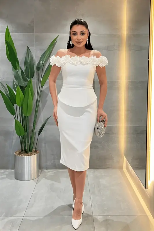 Double Fabric Pencil Dress with Flower Detail - WHITE - BÜYÜKBEDENIZ