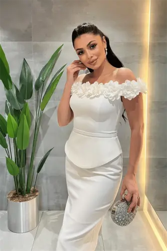 Double Fabric Pencil Dress with Flower Detail - WHITE - 4