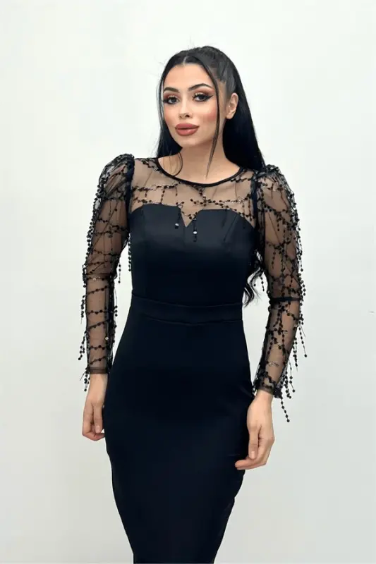 Double Fabric Sequin Fringe Dress - Black - 1