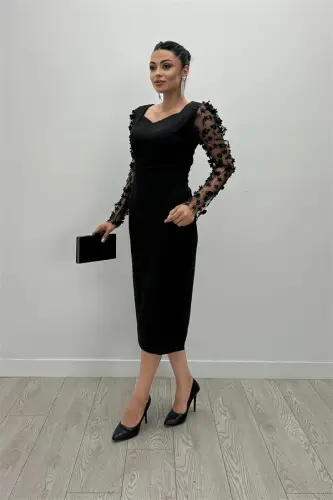 Double Fabric Sleeve 3D Flower Pencil Dress - Black - BÜYÜKBEDENIZ (1)