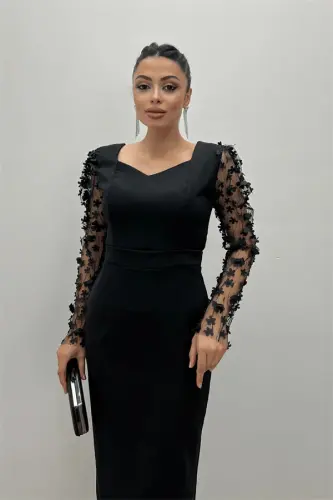 Double Fabric Sleeve 3D Flower Pencil Dress - Black - 4
