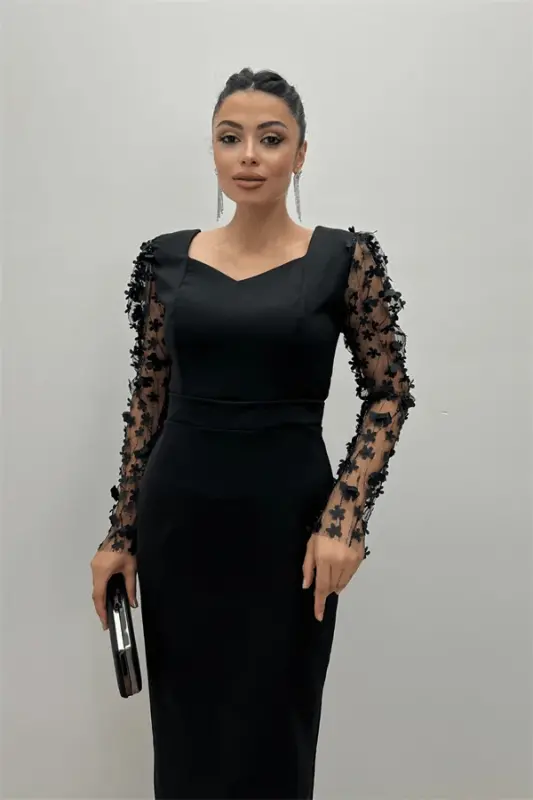 Double Fabric Sleeve 3D Flower Pencil Dress - Black - 4