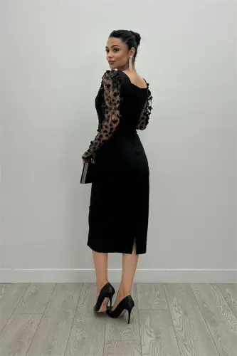 Double Fabric Sleeve 3D Flower Pencil Dress - Black - 5