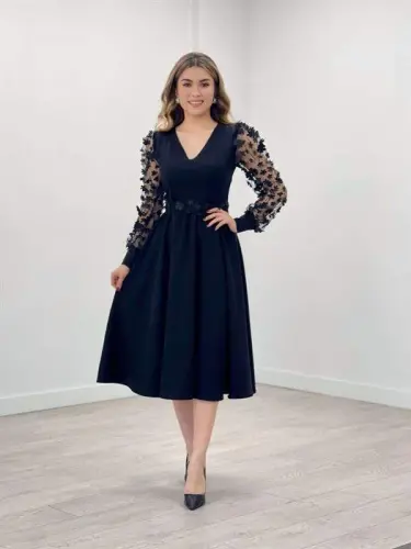 Double Fabric Sleeves 3D Floral Dress - Black - 1
