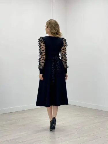 Double Fabric Sleeves 3D Floral Dress - Black - 5