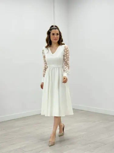 Double Fabric Sleeves 3D Floral Dress - White - BÜYÜKBEDENIZ (1)