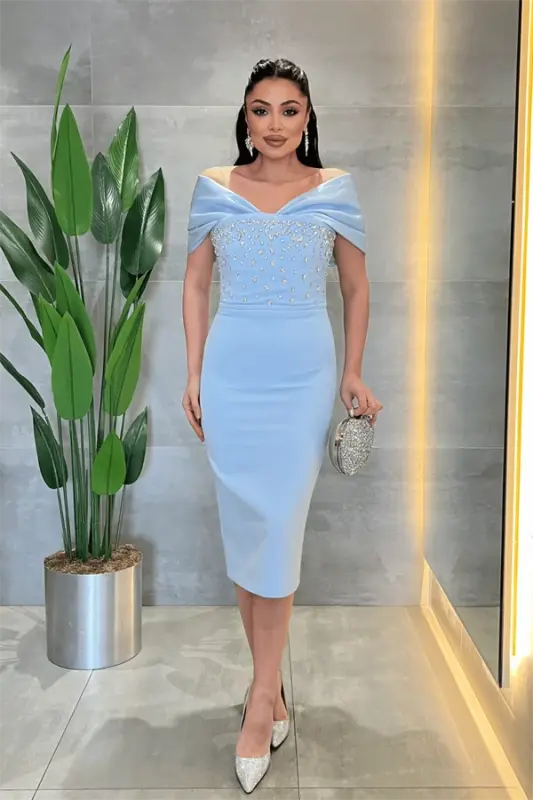 Double Fabric Stone Detailed Boat Neck Pencil Dress - BABY BLUE - 1