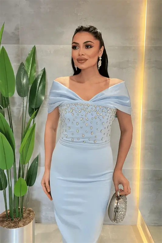 Double Fabric Stone Detailed Boat Neck Pencil Dress - BABY BLUE - 3