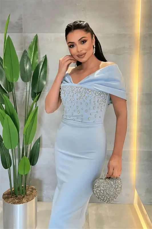 Double Fabric Stone Detailed Boat Neck Pencil Dress - BABY BLUE - 4