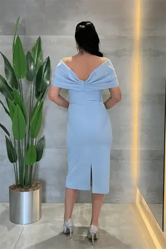 Double Fabric Stone Detailed Boat Neck Pencil Dress - BABY BLUE - 5