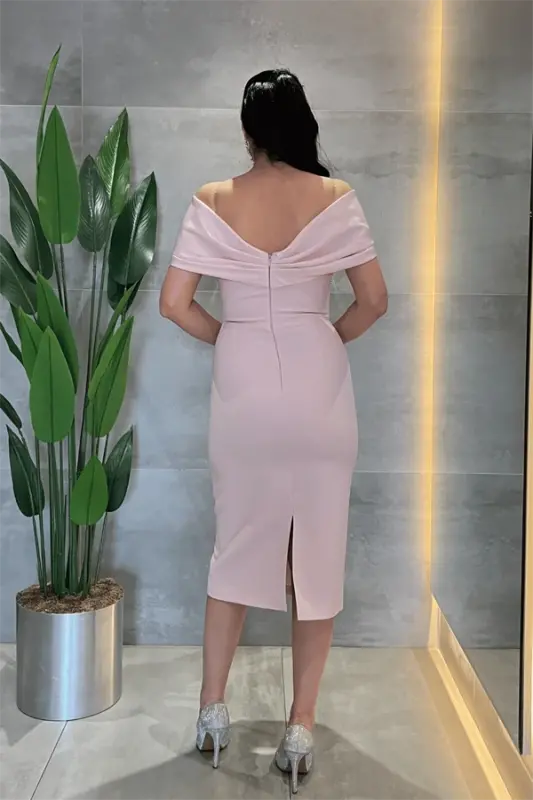 Double Fabric Stone Detailed Boat Neck Pencil Dress - POWDER - 5