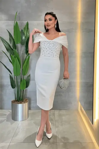 Double Fabric Stone Detailed Boat Neck Pencil Dress - WHITE - 1