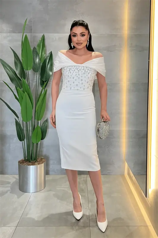 Double Fabric Stone Detailed Boat Neck Pencil Dress - WHITE - 2