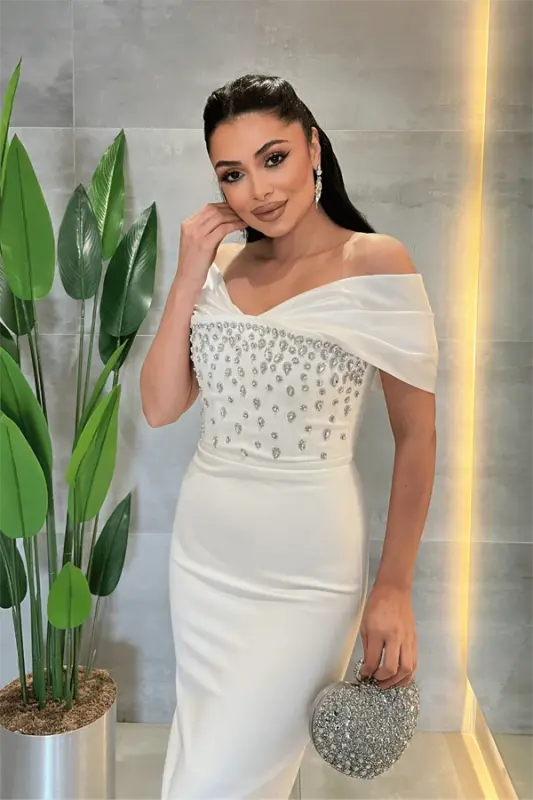 Double Fabric Stone Detailed Boat Neck Pencil Dress - WHITE - 3