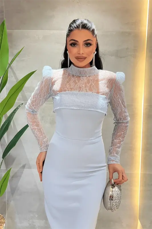 Double Fabric Strapless Dress with Lace Bolero Detail - BABY BLUE - 4