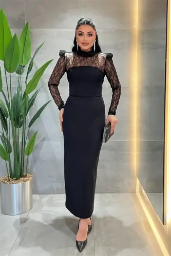 Double Kumaş Straplez Dantel Bolero Detaylı Elbise - SİYAH - 5