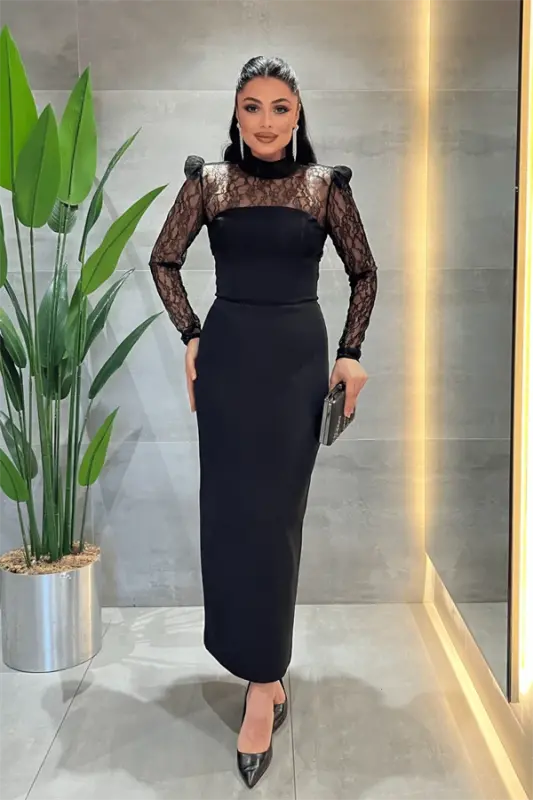 Double Kumaş Straplez Dantel Bolero Detaylı Elbise - SİYAH - 5