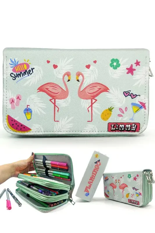 Double Flamingo Patterned Modeler Pencil Case Pencil Box Vegan Leather Three Compartment Pencil Holder - Green-Fla - LIMMY
