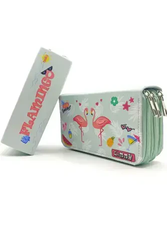 Double Flamingo Patterned Modeler Pencil Case Pencil Box Vegan Leather Three Compartment Pencil Holder - Green-Fla - 3