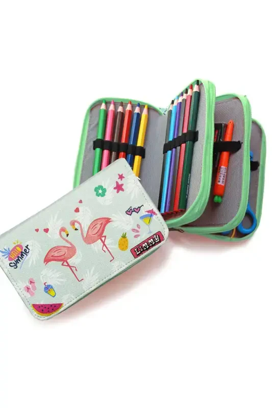 Double Flamingo Patterned Modeler Pencil Case Pencil Box Vegan Leather Three Compartment Pencil Holder - Green-Fla - 4
