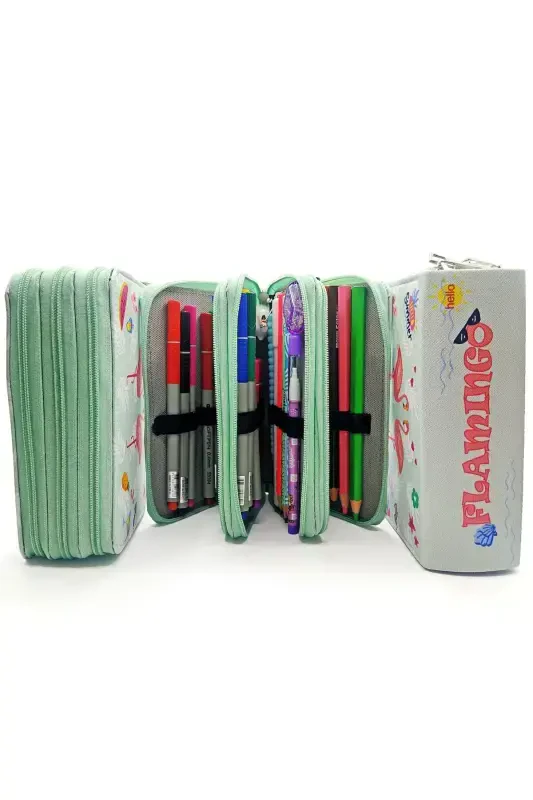 Double Flamingo Patterned Modeler Pencil Case Pencil Box Vegan Leather Three Compartment Pencil Holder - Green-Fla - 6
