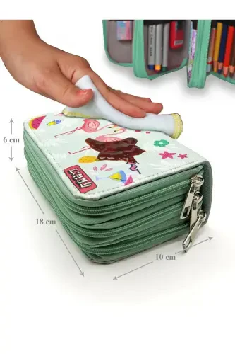 Double Flamingo Patterned Modeler Pencil Case Pencil Box Vegan Leather Three Compartment Pencil Holder - Green-Fla - 7