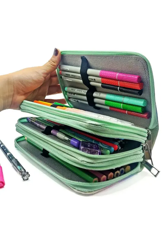 Double Flamingo Patterned Modeler Pencil Case Pencil Box Vegan Leather Three Compartment Pencil Holder - Green-Fla - 5