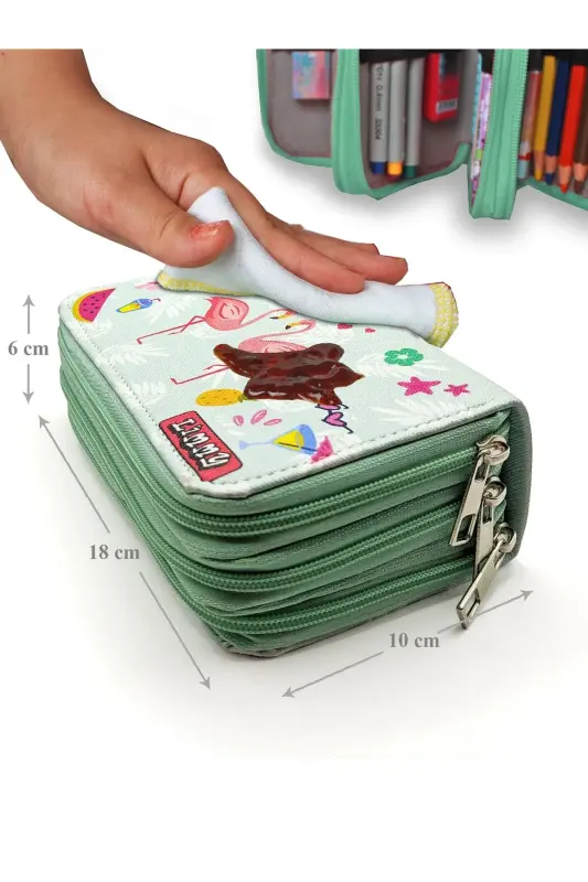 Double Flamingo Patterned Modeler Pencil Case Pencil Box Vegan Leather Three Compartment Pencil Holder - Green-Fla - 7