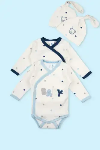 Double Hat Baby Romper 100% Cotton Dotted Bear Detailed Bodysuit Snap Badi - 1