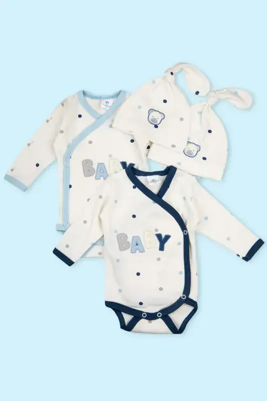 Double Hat Baby Romper 100% Cotton Dotted Bear Detailed Bodysuit Snap Badi - 2