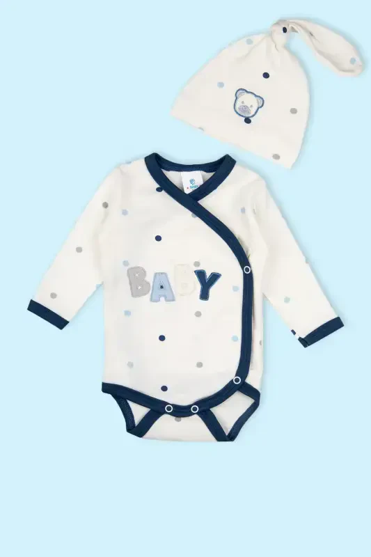 Double Hat Baby Romper 100% Cotton Dotted Bear Detailed Bodysuit Snap Badi - 3