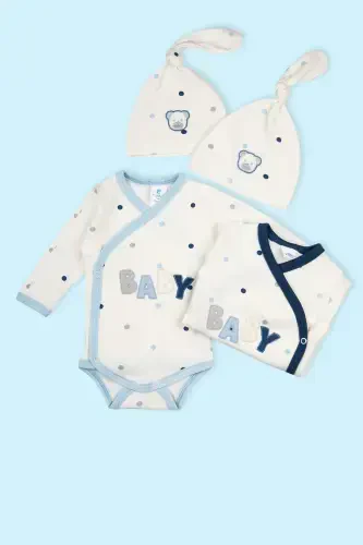 Double Hat Baby Romper 100% Cotton Dotted Bear Detailed Bodysuit Snap Badi - 5