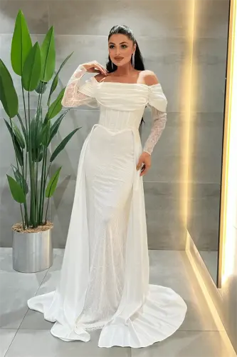 Double Kumaş Balenli Saten Detaylı Abiye Elbise - BEYAZ - 1