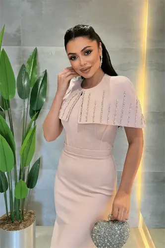 Double Kumaş Bolero Detaylı Kalem Elbise - PUDRA - 4