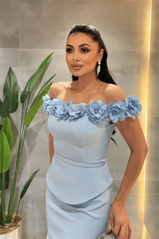 Double Kumaş Çiçek Detaylı Kalem Elbise - BEBE MAVİSİ - 3