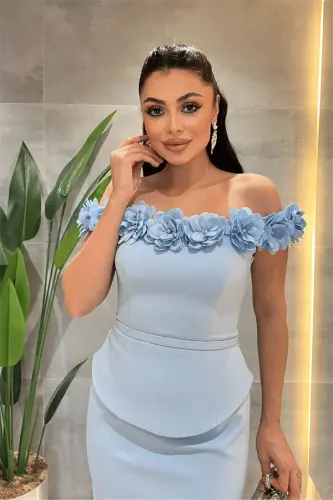 Double Kumaş Çiçek Detaylı Kalem Elbise - BEBE MAVİSİ - 4