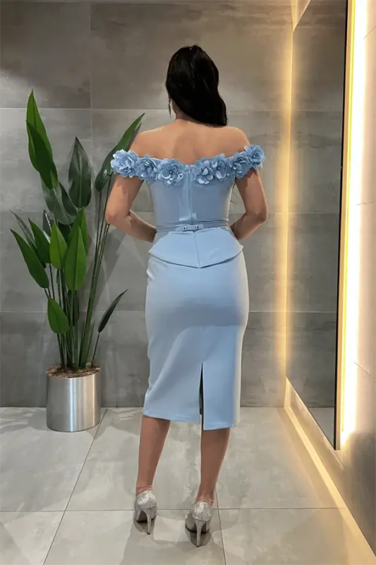 Double Kumaş Çiçek Detaylı Kalem Elbise - BEBE MAVİSİ - 5