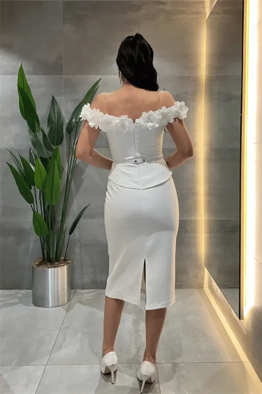 Double Kumaş Çiçek Detaylı Kalem Elbise - BEYAZ - 5